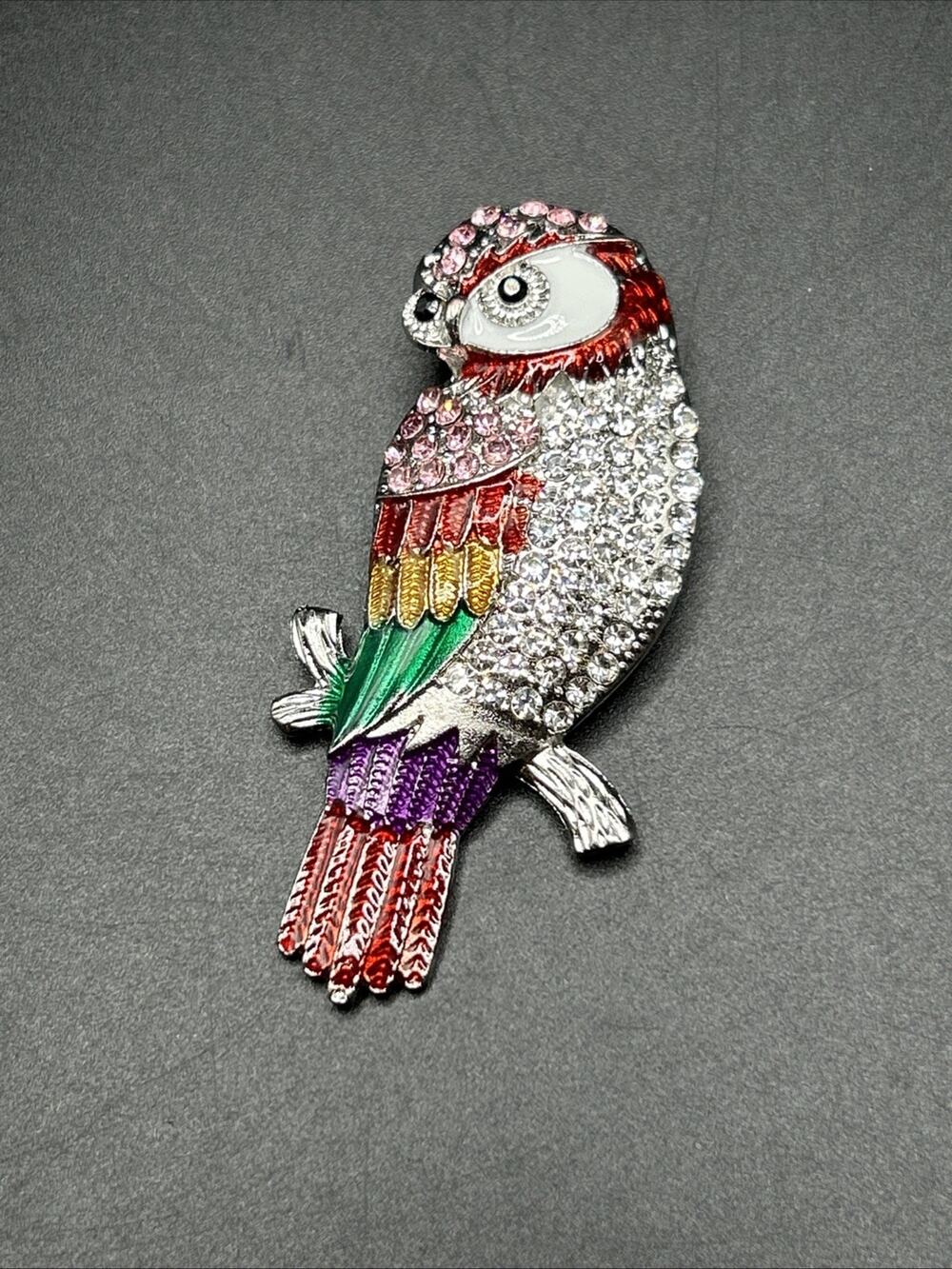 Rhinestone Bird Brooch Owl Modern Fashion Jewelry Silver Tone 2 1/4” Costume